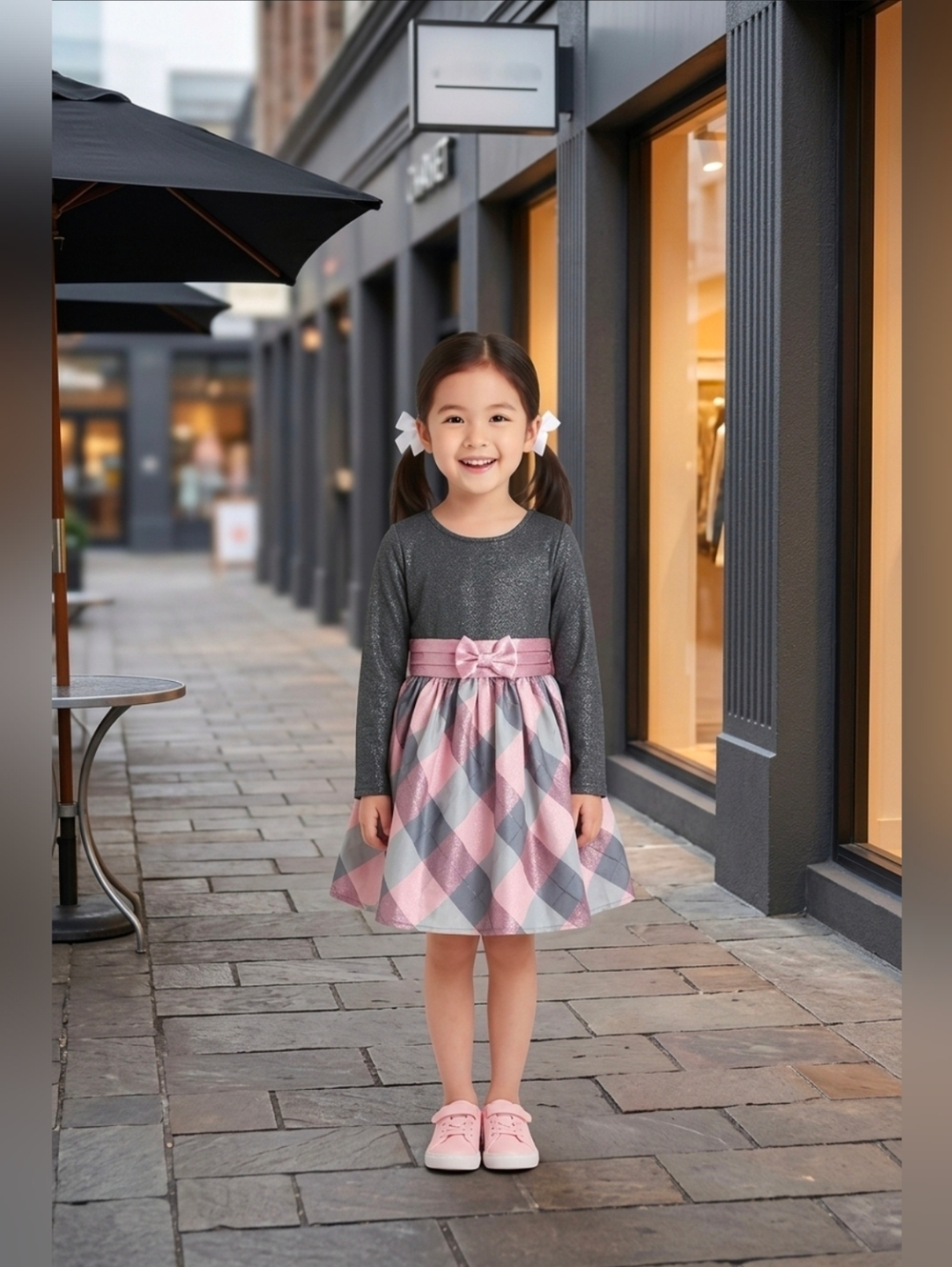 Jessica Ann Pink and Gray Plaid Bow-Trim Party Dress